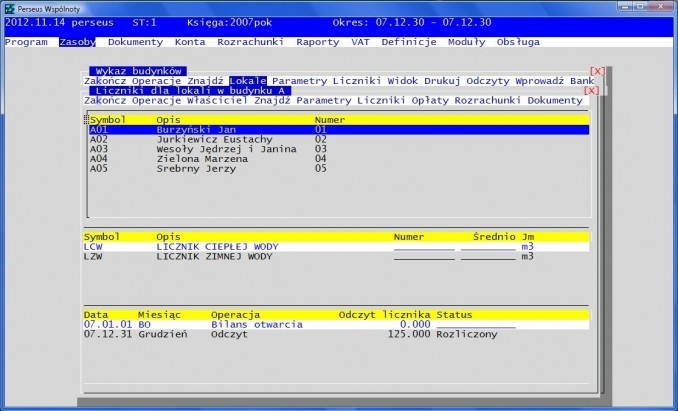 Screen z programu Perseus - wykaz budynków