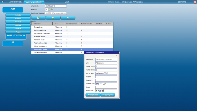 Screen z programu Perseus - wykaz lokali