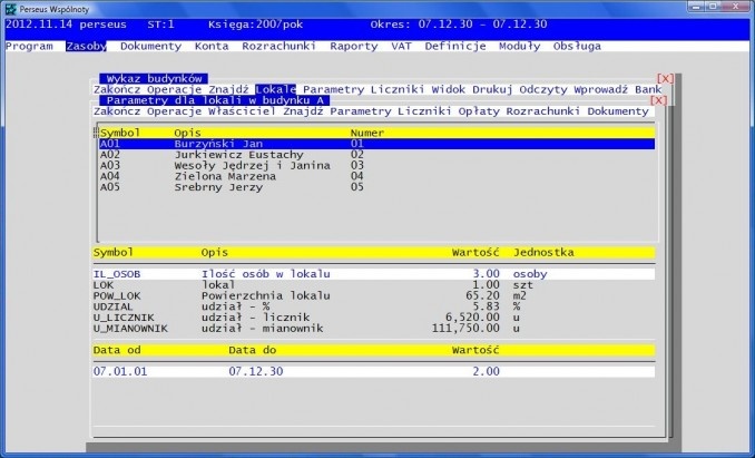 Screen z programu Perseus - parametry lokalu