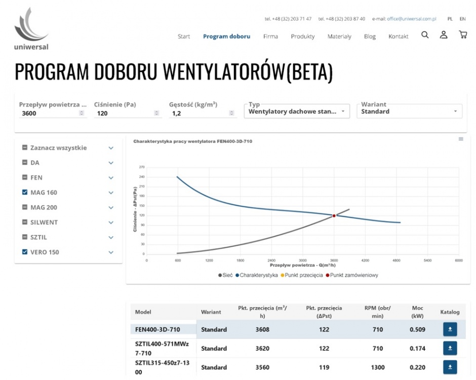 program doboru wentylatorów beta