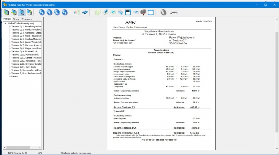 oprogramowanie do zarządzania nieruchomościami MMsoft - podgląd raportu